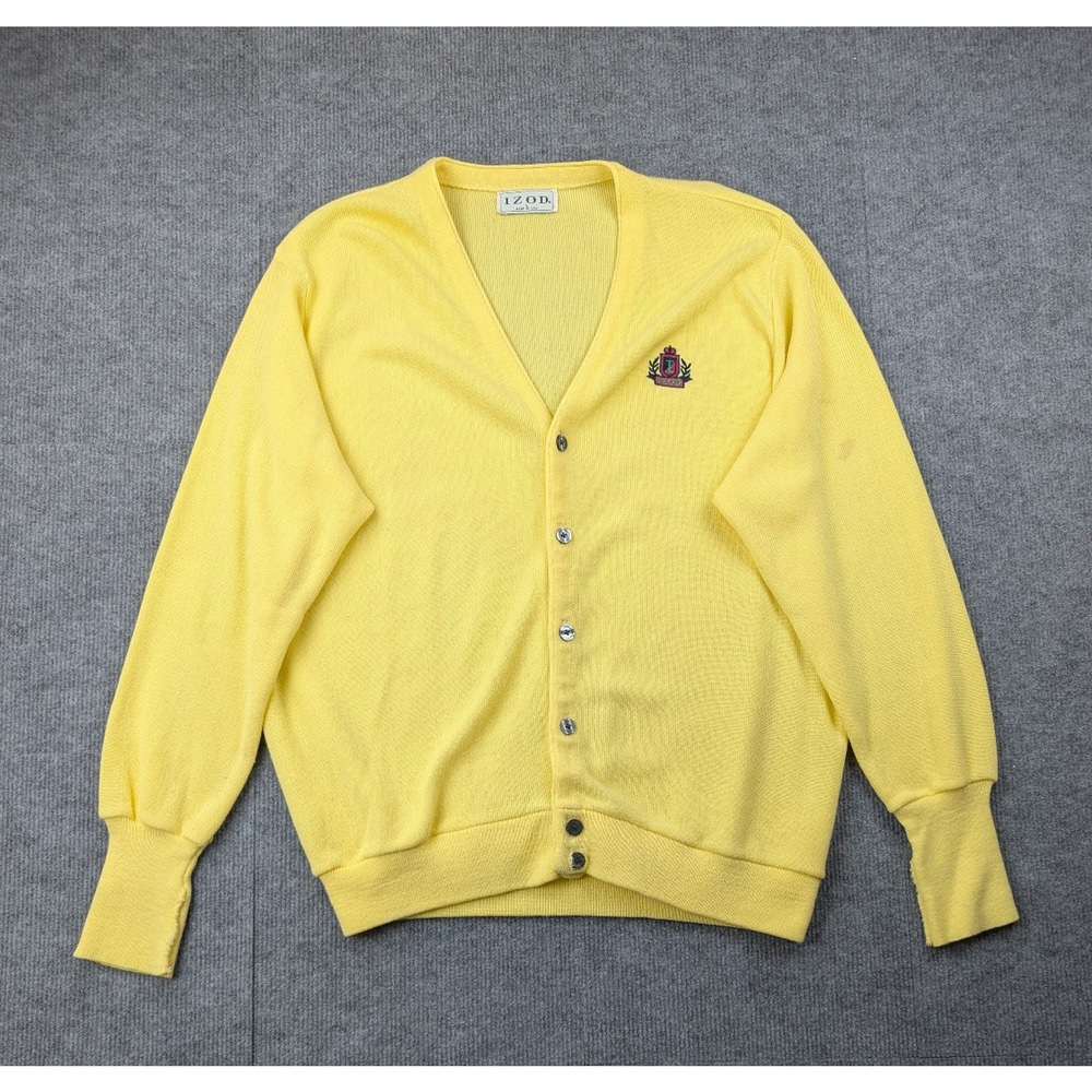 Vintage Izod Cardigan Mens Large Yellow Preppy Crest Timeless Retro Acrylic USA